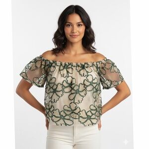 Hesperus Premium Green Floral Lace Overlay Top Women’s Size L Sheer Blouse‎